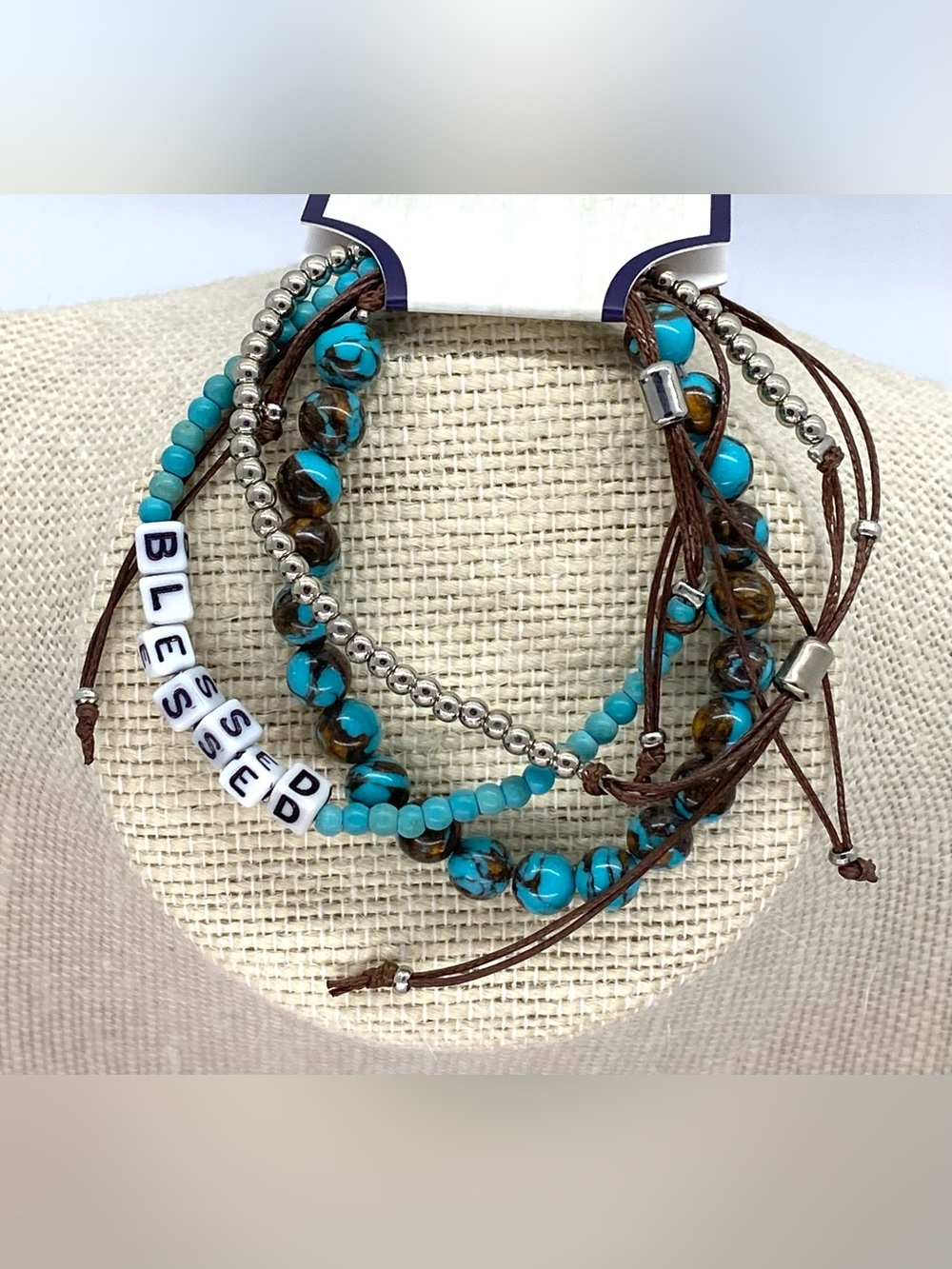 Hello Happy Turquoise Blue Brown Beaded Bracelet Boho Fall Festival Southwestern